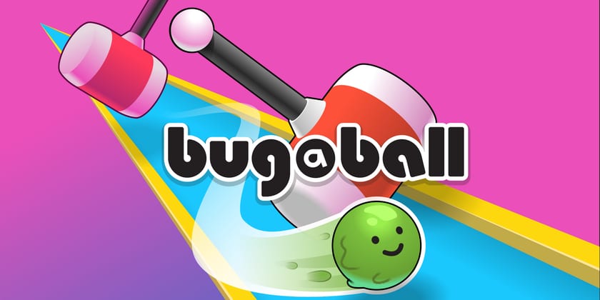 Bug-A-Ball: eine grinsende grüne Kugel rollt über eine blaue Bahn an rot-weißen Hindernissen vorbei.